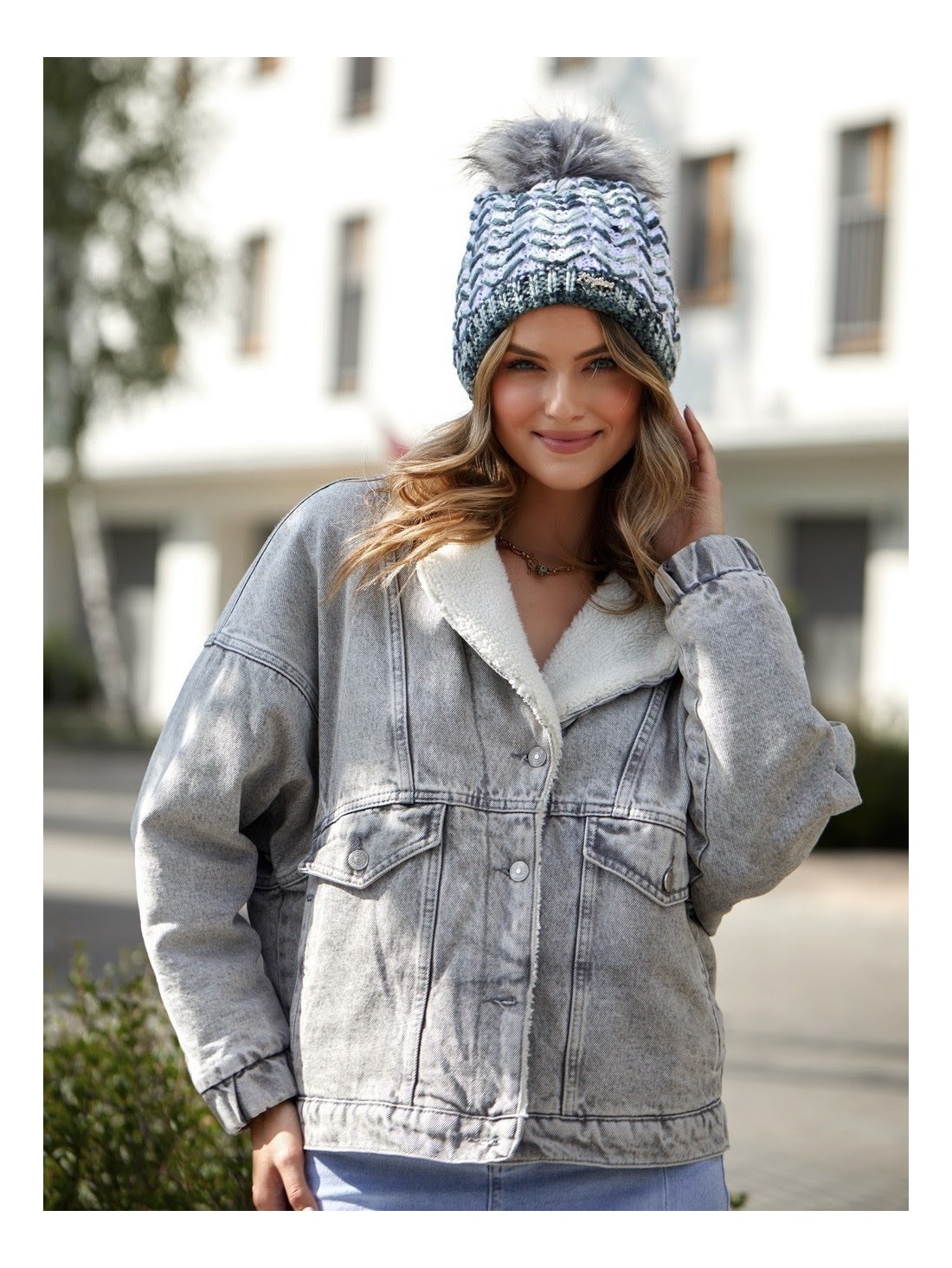 White herringbone winter hat C13 - Online store - Boutique